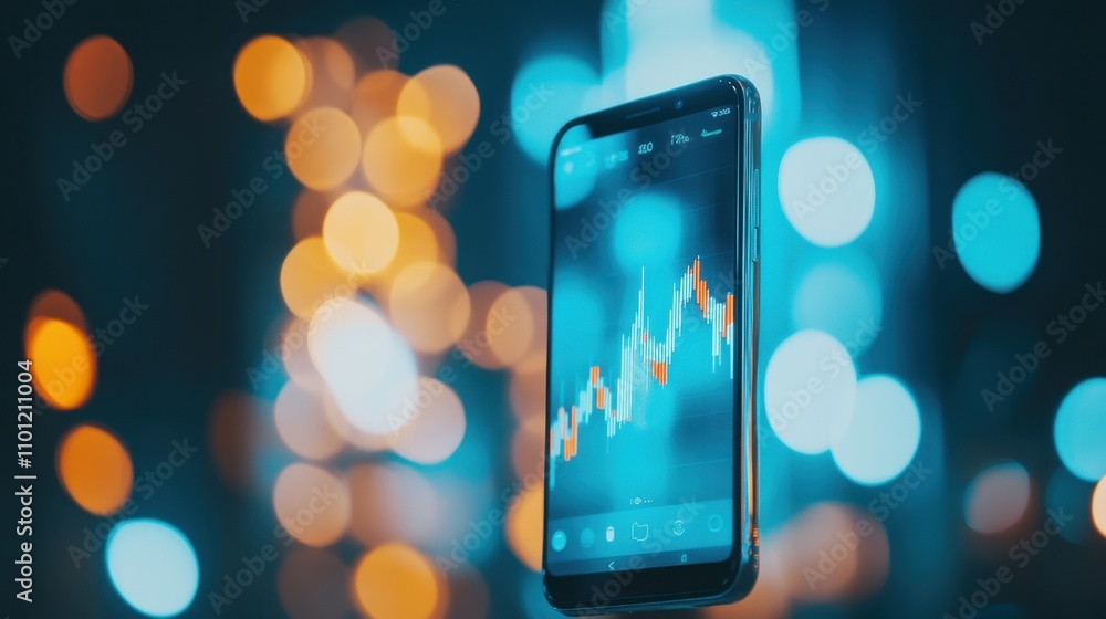 Poster Smartphone Display Showing Financial Data Against Bokeh Lights