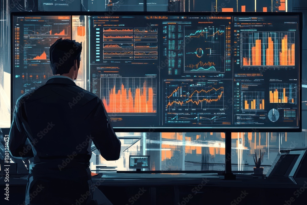 Poster a professional analyzing data on multiple screens in a modern office environment.