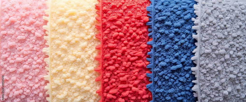 Poster a row of colorful carpet samples with a blue stripe. the carpet samples are in different colors and 