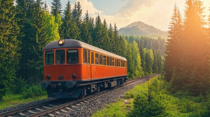 Naklejka premium A vintage orange train travels through a lush forest, with mountains in the background and sunlight filtering through the trees.