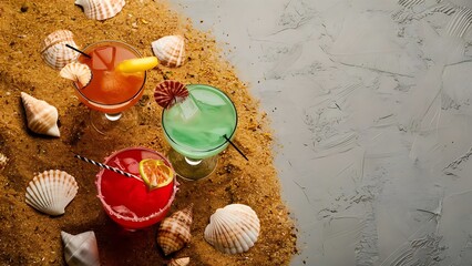 Close up view of glasses of refreshing cocktails on sand with seashells on grey bakgorund
