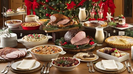 Christmas buffet table with traditional dishes, desserts, and holiday drinks.