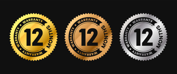 12 months warranty icon in gold circle with circular text. Twelve months warranty label in gold, bronze, silver colors. Vector illustration