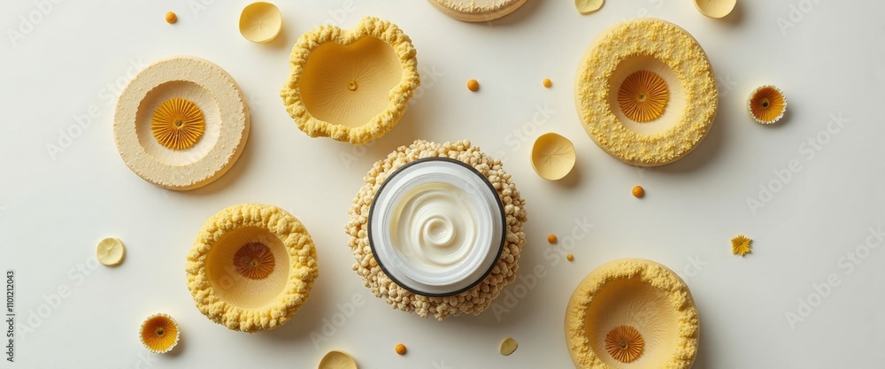 Poster a close up of a white face cream container with a yellow background. the container is surrounded by 