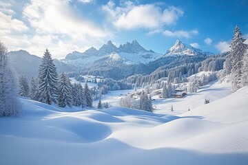 Winter scene in kleinwalsertal showcasing majestic widderstein, hirschegg, heuberg, and hoher ifen summits