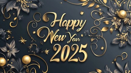 Stunning "Happy New Year 2025" card with golden text and beautifully crafted, elegant decorative details
