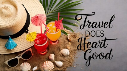 Close up view of straw hat, cocktails, seashells, sunglasses and palm leaf on sand on grey backdrop, travel does heart good inscription