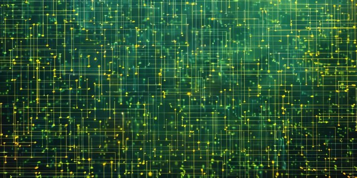 A grid-like pattern of binary code illuminated in green and yellow, giving a sense of depth and movement in cyberspace.