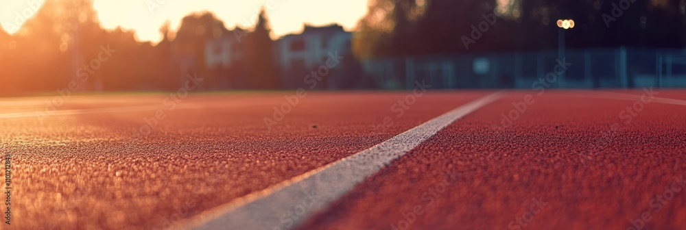 Poster sunset view of a running track's red surface and white lane line.