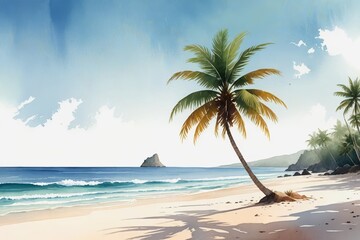 Naklejka premium there is a painting of a palm tree on the beach