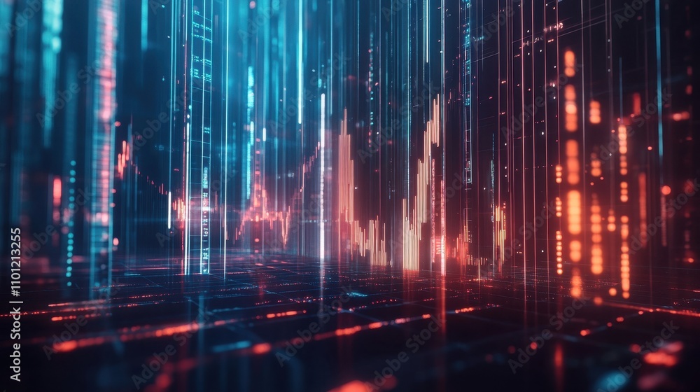 Poster abstract digital landscape with glowing data streams and charts.