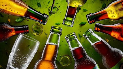 Close up view of bottles of beer and empty glass on green background