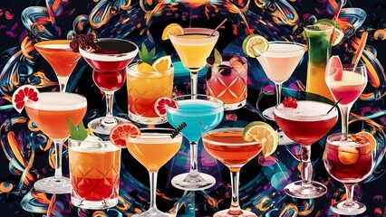 Set of alcoholic cocktails a collage background