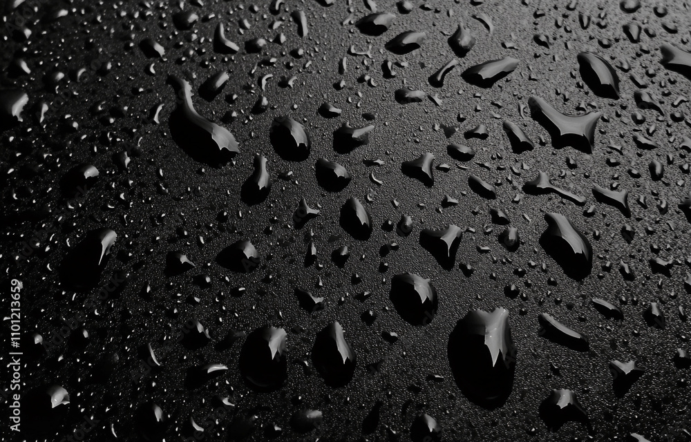 Aufkleber Glossy water droplets gather on a dark surface creating an artistic and textured visual experience