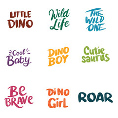 Collection of text lettering about dino. Hand drawn vector art.