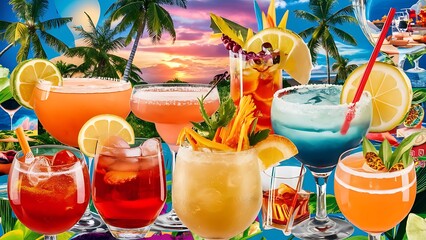 Set of alcoholic cocktails a collage background