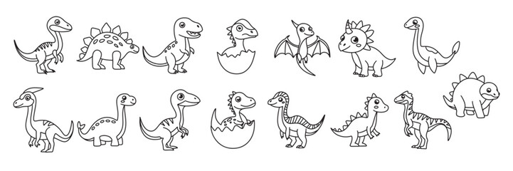 Big collection little dinosaurs in doodle style. Hand drawn vector art.