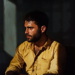 Obraz premium Pensive Man in Yellow Shirt: A Dramatic Portrait in Golden Light