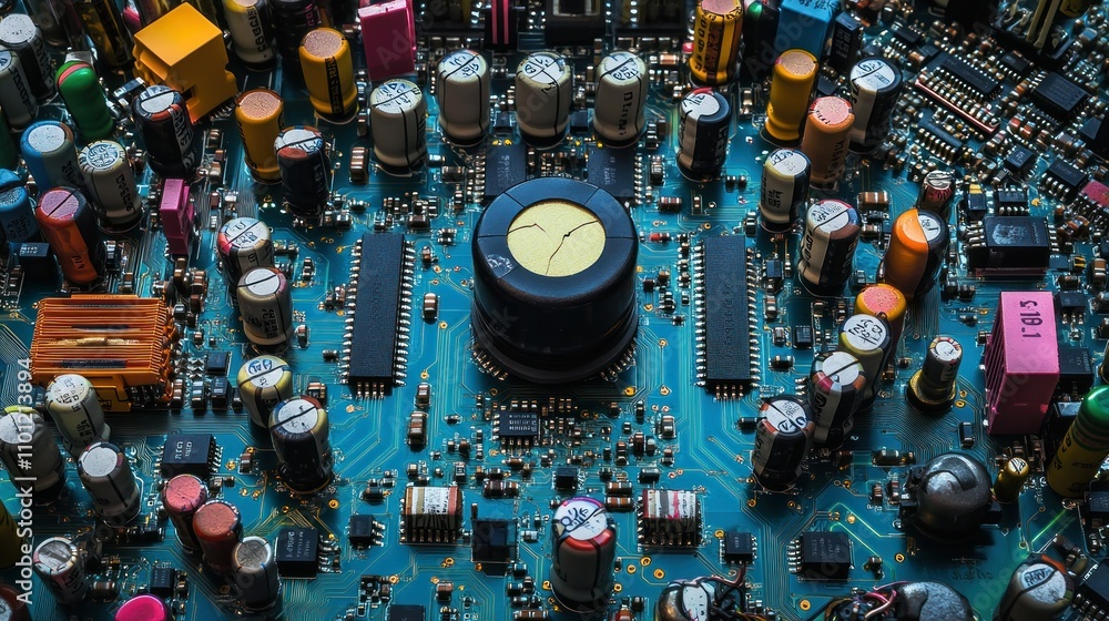 Poster toroidal core inductor circuit is wrapped in tightly coiled copper wire, surrounding it are various 