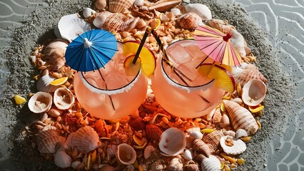 Close up view of glasses of refreshing cocktails on sand with seashells on grey bakgorund