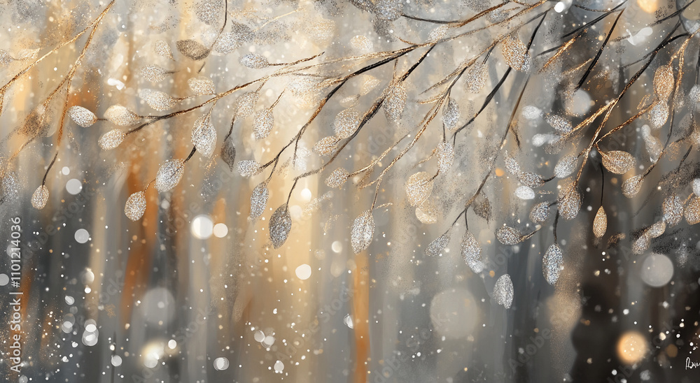 Poster winter forest with shimmering branches and soft snowfall creating a tranquil atmosphere at dusk