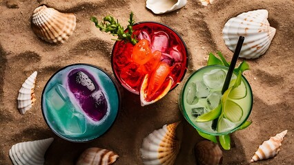 Close up view of glasses of refreshing cocktails on sand with seashells on grey bakgorund