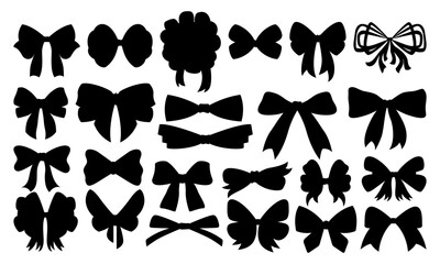 Bows icon set, black color. Various cartoon ribbons for invitation or gifts, present cards and luxury wrap pack isolated on white background. Decoration for your design. Vector illustration
