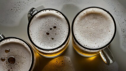 Close up view of mugs of cold beer with foam on grey background