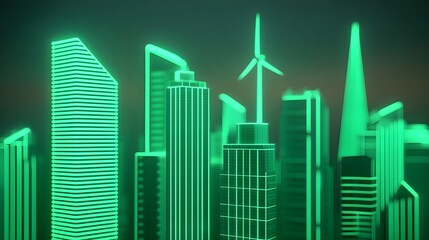 Fototapeta premium Green Cityscape with Wind Turbine, Eco-Friendly City