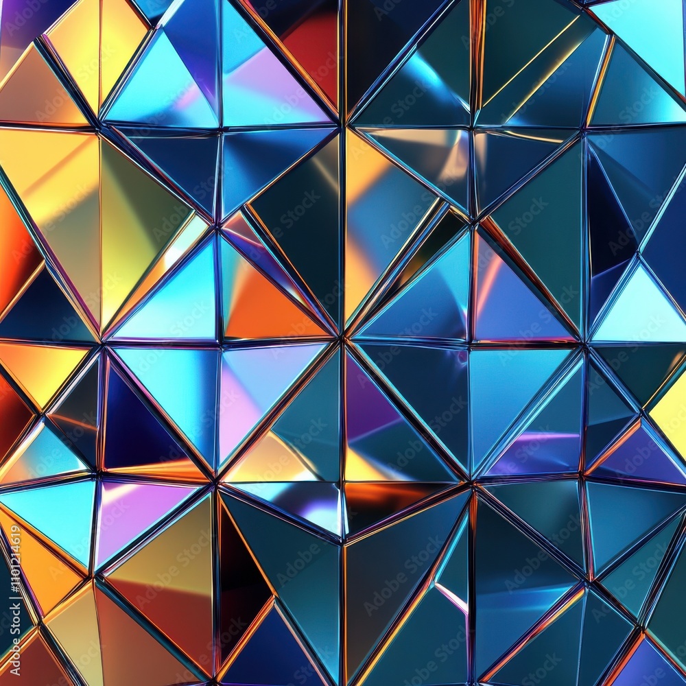 Poster a vibrant abstract pattern of diamond-shaped metallic panels reflecting light in multiple hues.