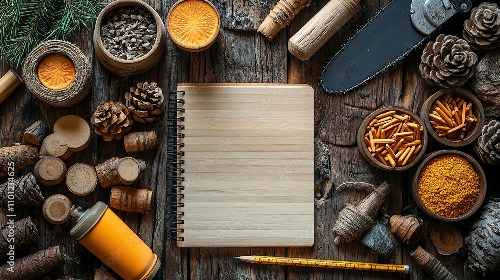 Poster draw ready to use wood products in a joinery workbook a chainsaw a tape measure a pencil and a noteb
