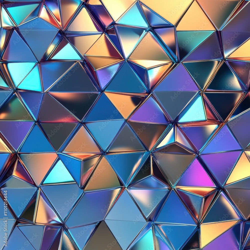 Poster a vibrant abstract pattern of reflective triangular shapes in various shades, creating a visually st