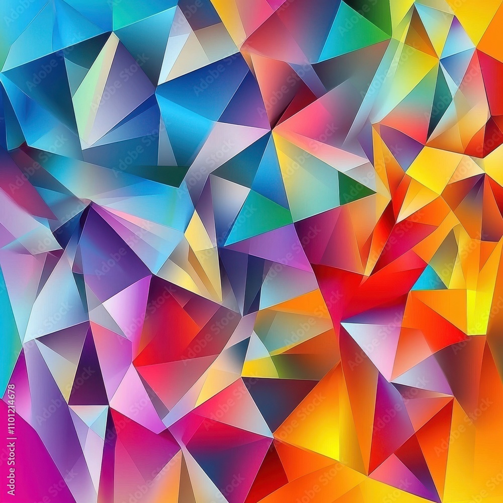 Poster a vibrant abstract composition showcasing a kaleidoscope of colorful geometric shapes and patterns.