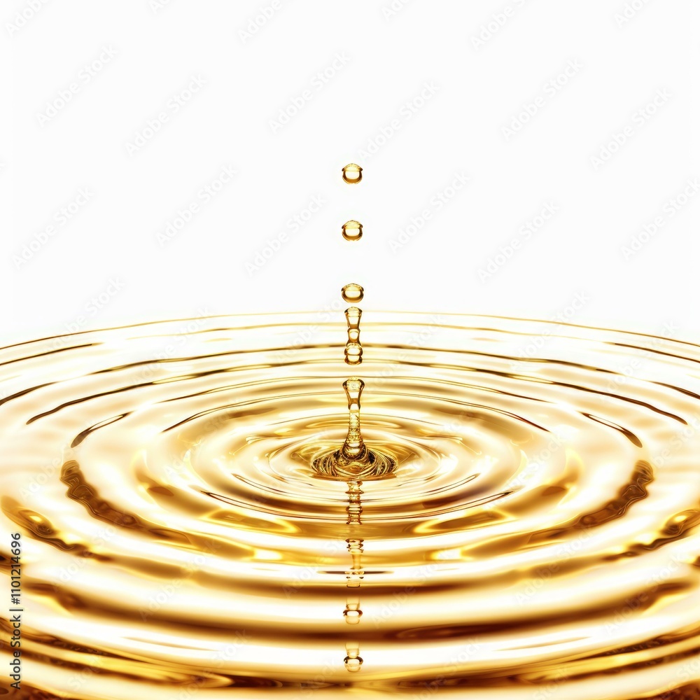 Poster golden liquid is splashing, creating ripples and forming a perfect column of droplets
