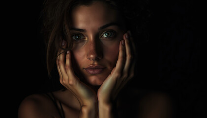 Expressive Portrait of a Woman Framing Her Face with Hands, Illuminated by Soft Light Against a Dark Background in a Dramatic and Emotional Style
