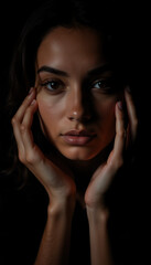 Fototapeta premium Expressive Portrait of a Woman Framing Her Face with Hands, Illuminated by Soft Light Against a Dark Background in a Dramatic and Emotional Style