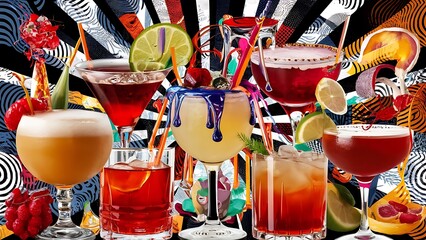 Set of alcoholic cocktails a collage background