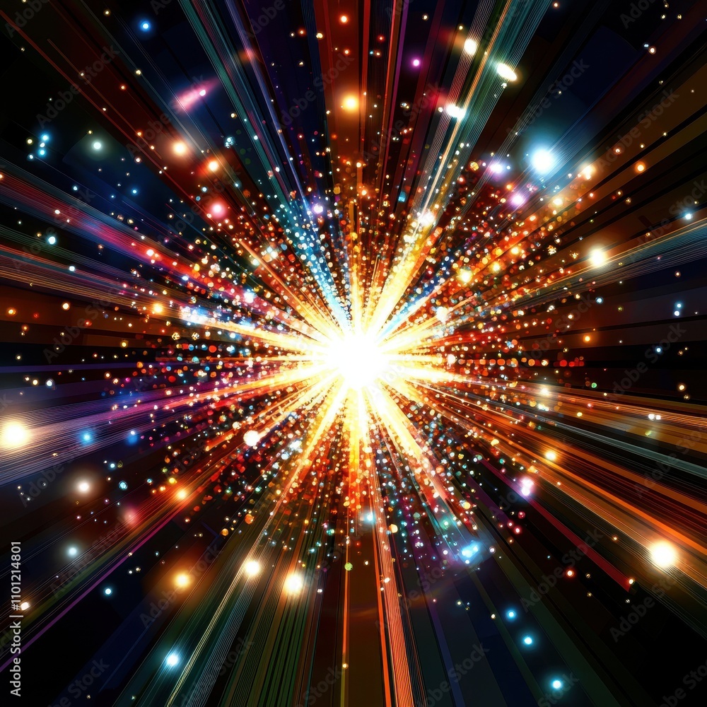 Poster a vibrant explosion of colors and lights radiating from the center, creating a dynamic and energetic