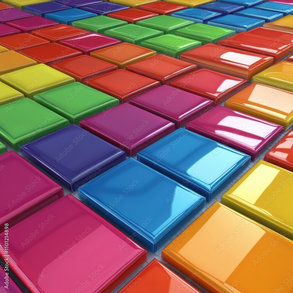 Poster vibrant array of colorful glossy tiles in various shades, creating a playful and modern aesthetic.