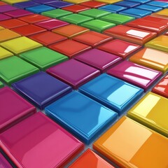 Fototapeta premium Vibrant array of colorful glossy tiles in various shades, creating a playful and modern aesthetic.