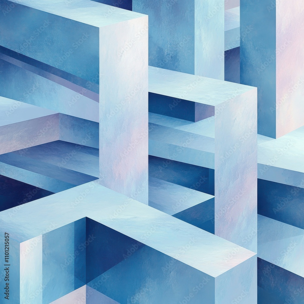 Poster An abstract composition of intersecting blue geometric shapes, creating a sense of depth and movement.