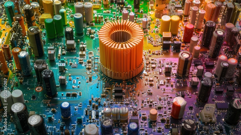 Poster toroidal core inductor circuit is wrapped in tightly coiled copper wire, surrounding it are various 