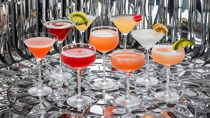 Cocktails with alcohol on silver background