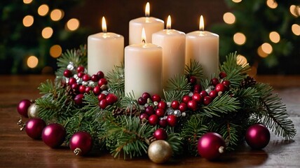 Festive Candle Arrangement. Candles surrounded by pine branches, cranberries, and glittering ornaments