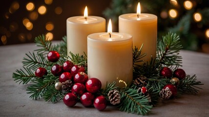 Festive Candle Arrangement. Candles surrounded by pine branches, cranberries, and glittering ornaments