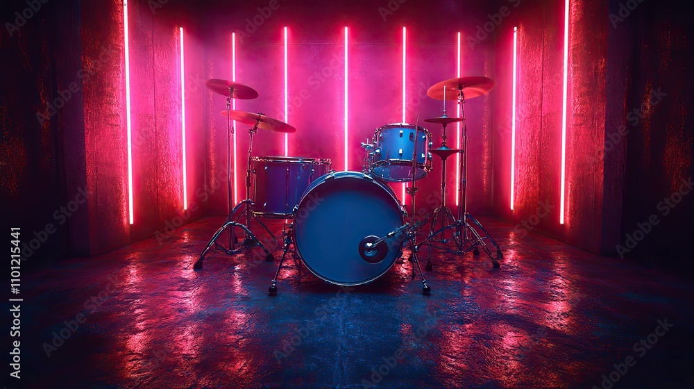 Poster drum set with dark neon light effect rendering