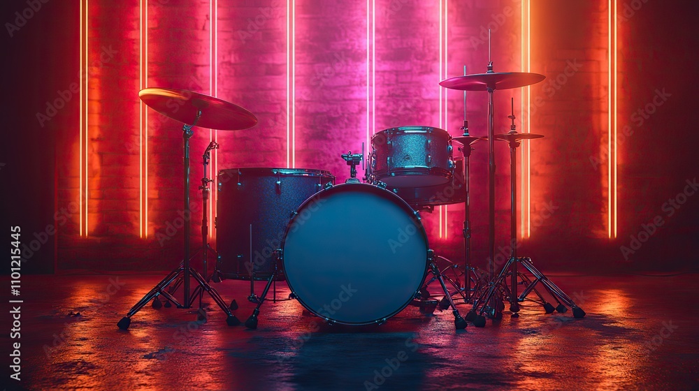 Poster drum set with dark neon light effect rendering