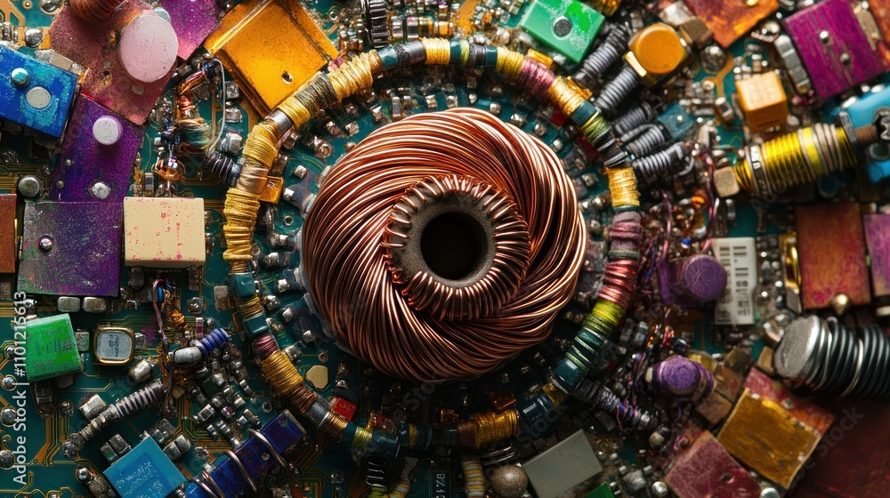 Poster copper wire that wraps around the coil. around the transformer there are various electronic componen