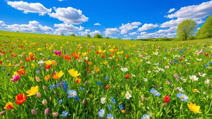 Obraz premium Vibrant spring wildflower meadow under a blue sky with fluffy clouds and lush green trees