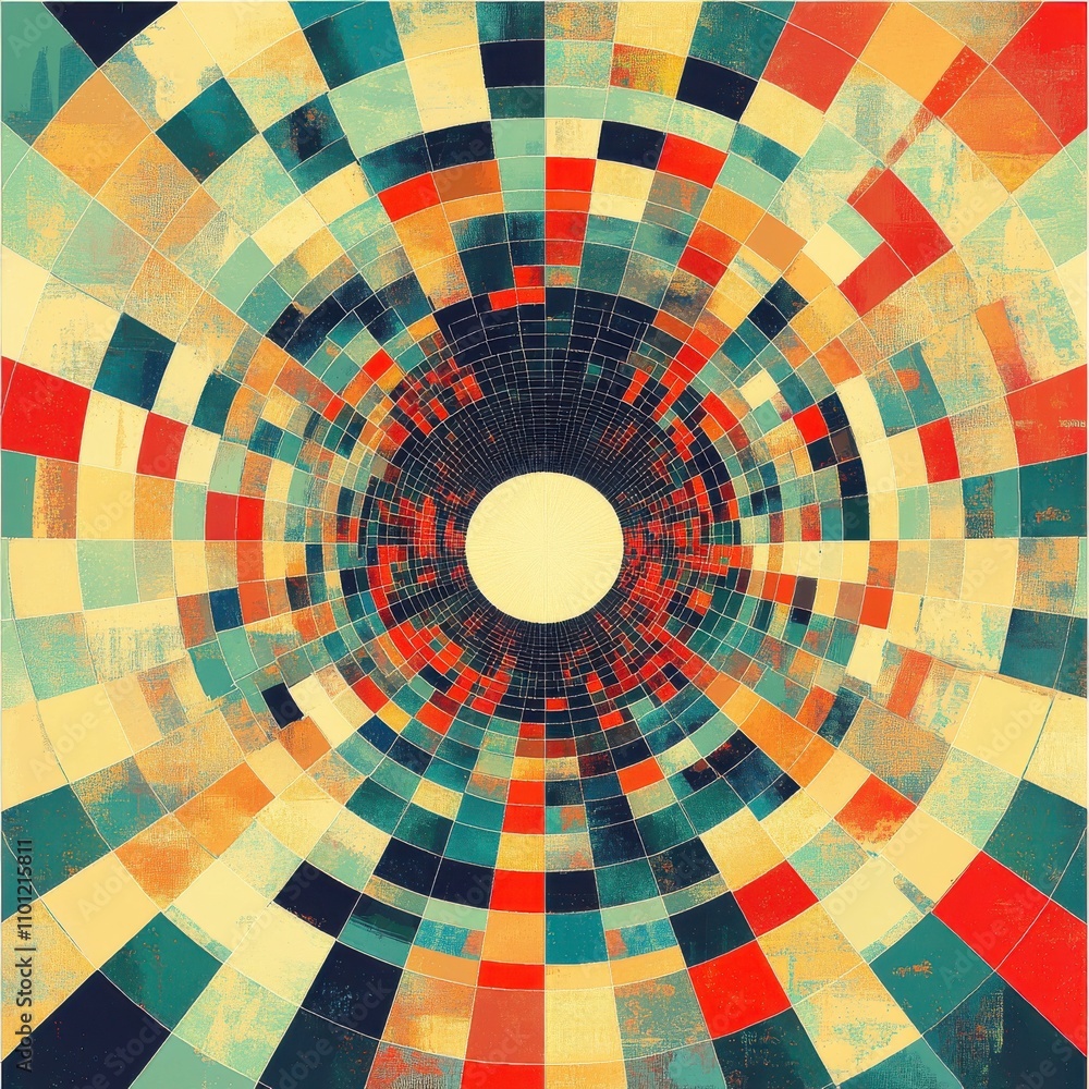 Poster vibrant geometric patterns radiating from a central point in rich colors create a dynamic visual exp